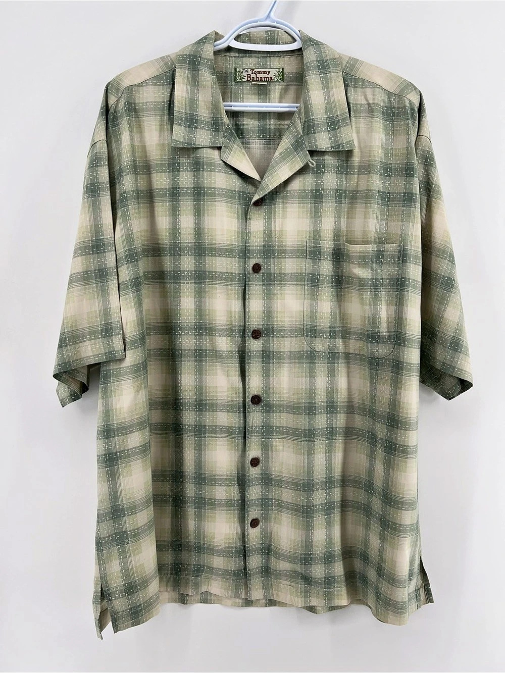 Y2K Tommy Bahama Men's Size Large 100% Silk Green Plaid Shirt